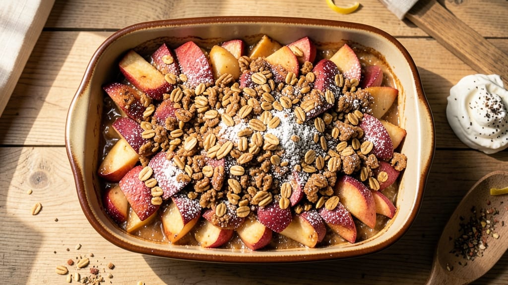 Apple Crisp Recipe With Apple Pie Filling and Oatmeal: Spiced Streusel Crunch Over Warm Vanilla Filling