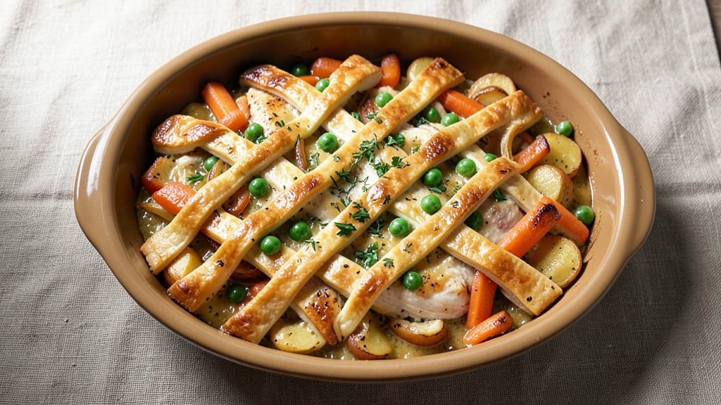 Chicken Pot Pie Recipe in 13x9 Pan: Flaky Lattice Crust Over Savory Gravy Heaven